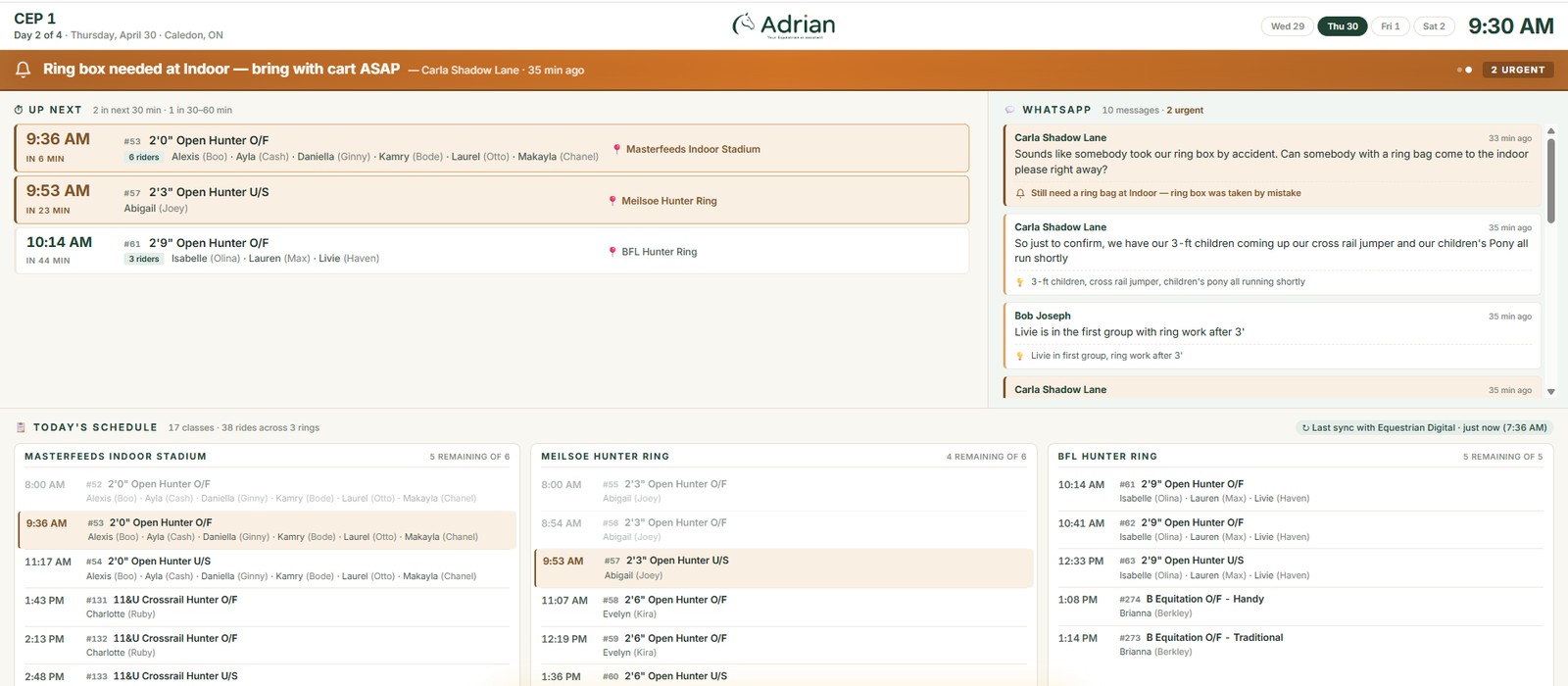 Adrian TV display showing the next ride, today's schedule, and live trainer-group WhatsApp messages with AI summaries